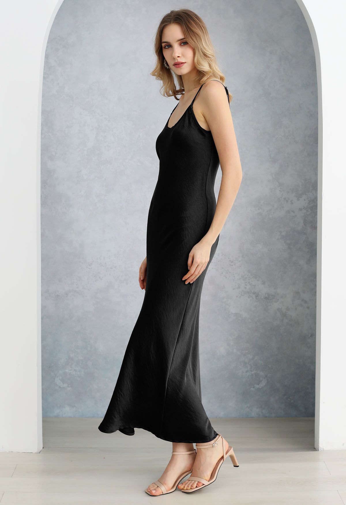 Texture Satin Backless Maxi Dress in Black