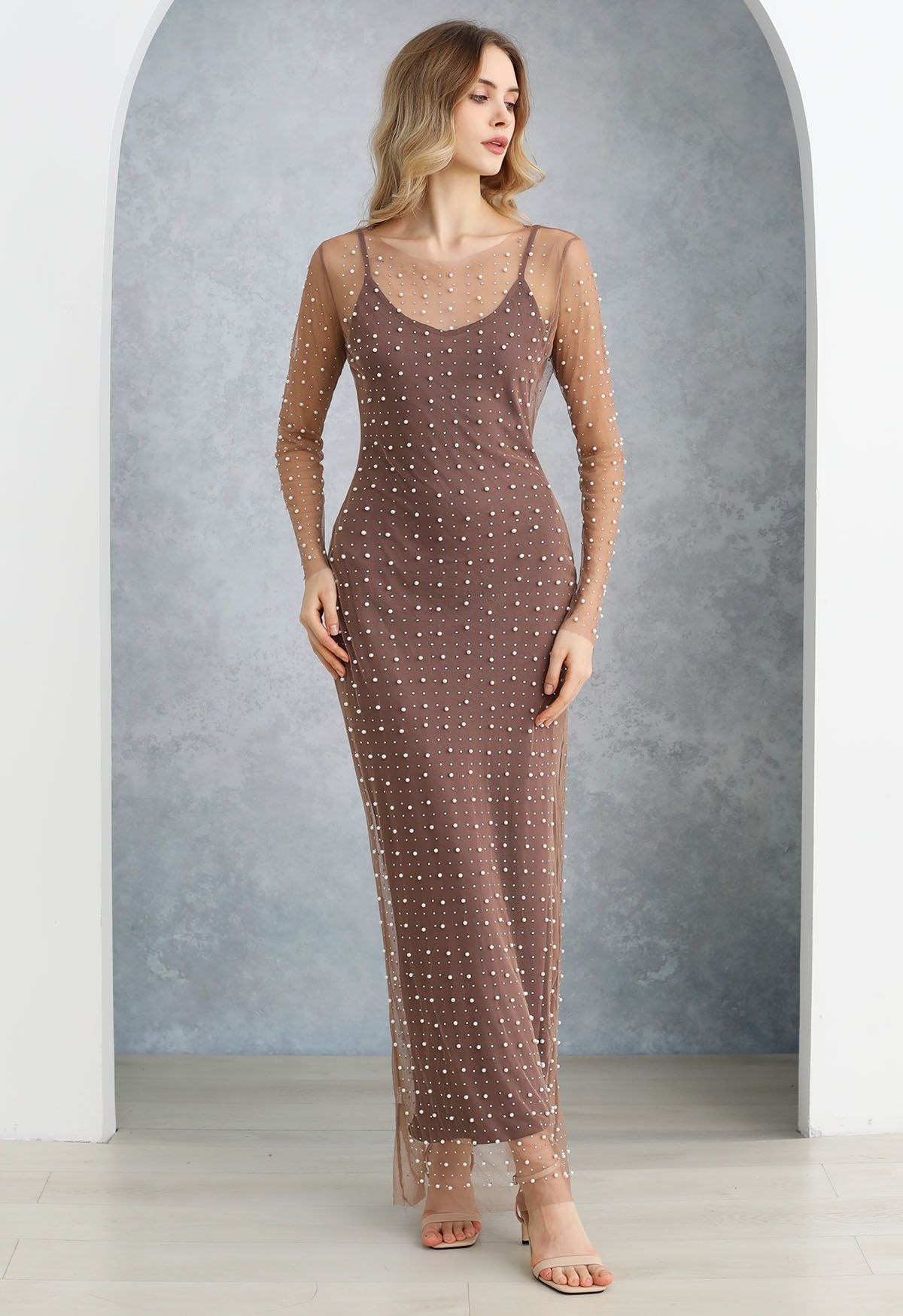 Full Pearl Embellished Sheer Mesh Cover-Up Maxi Dress in Plum