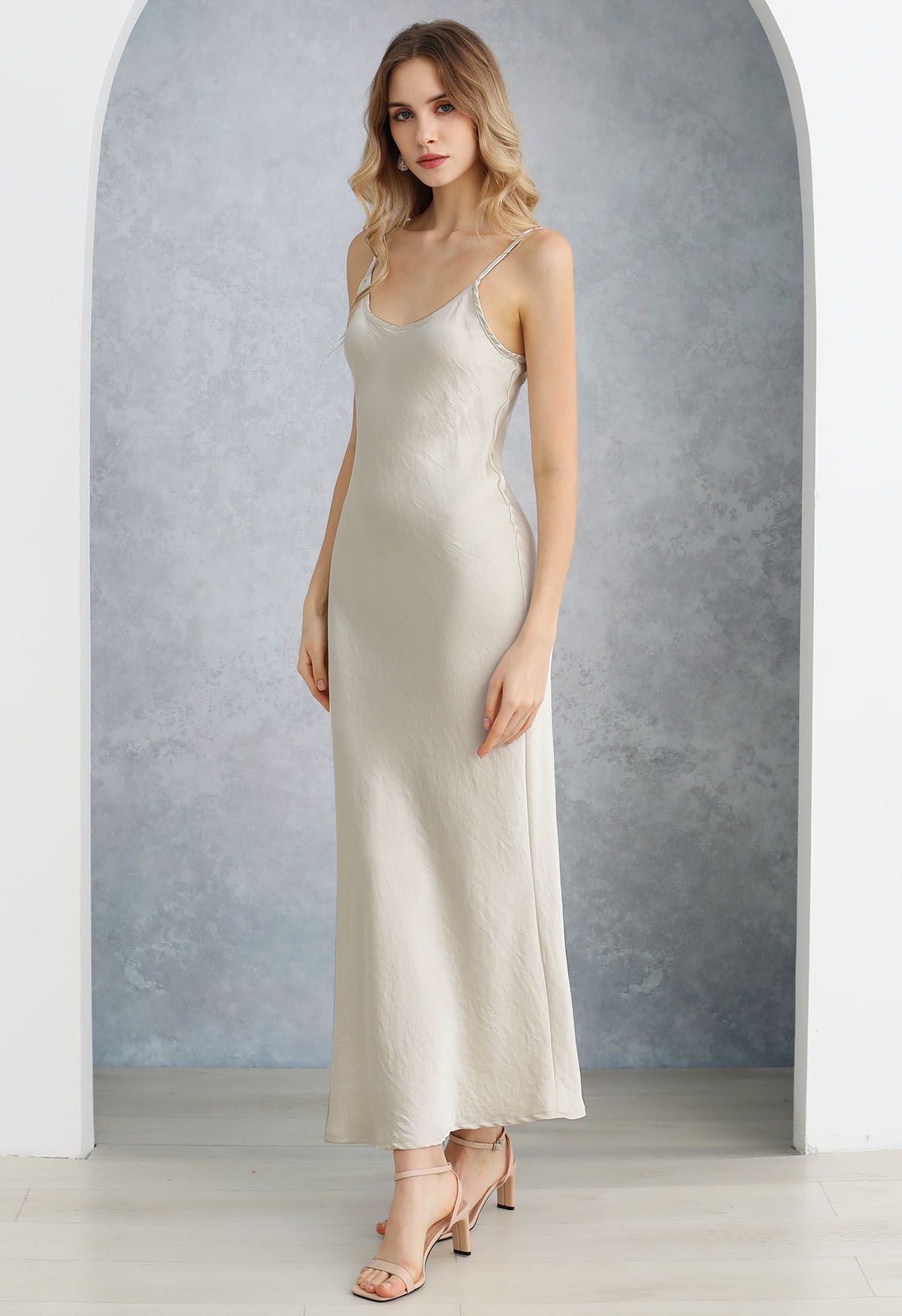 Texture Satin Backless Maxi Dress in Ivory