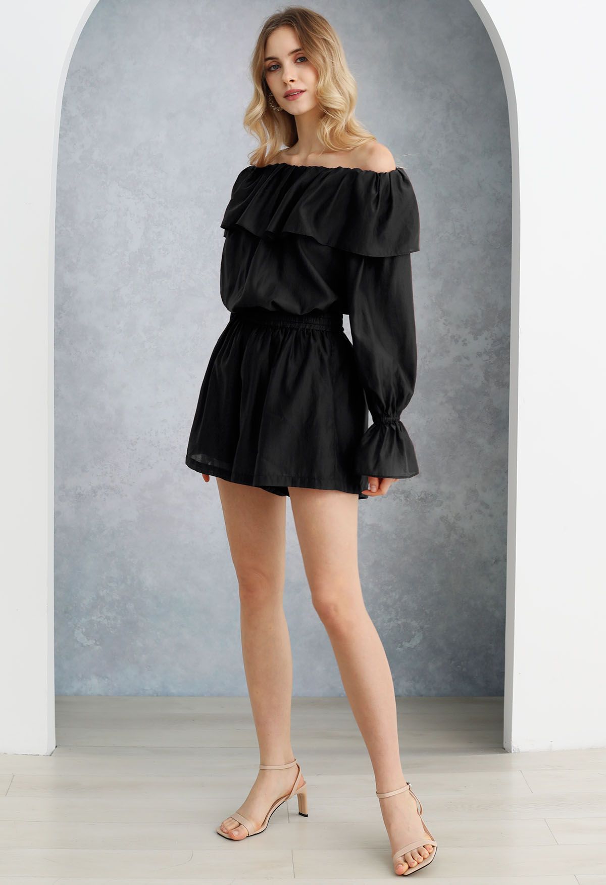 Breezy Off-Shoulder Top and Shorts Set in Black