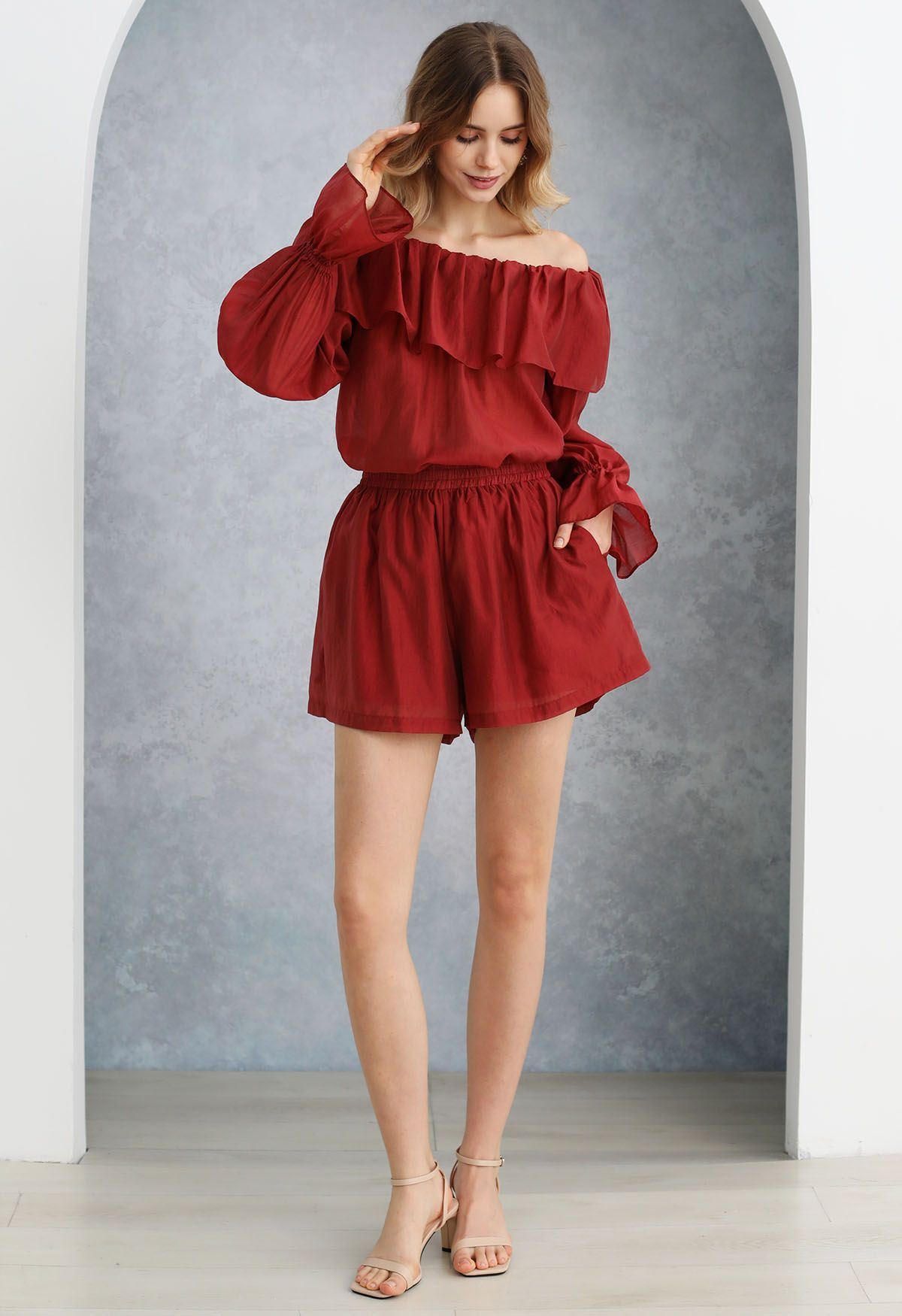 Breezy Off-Shoulder Top and Shorts Set in Red