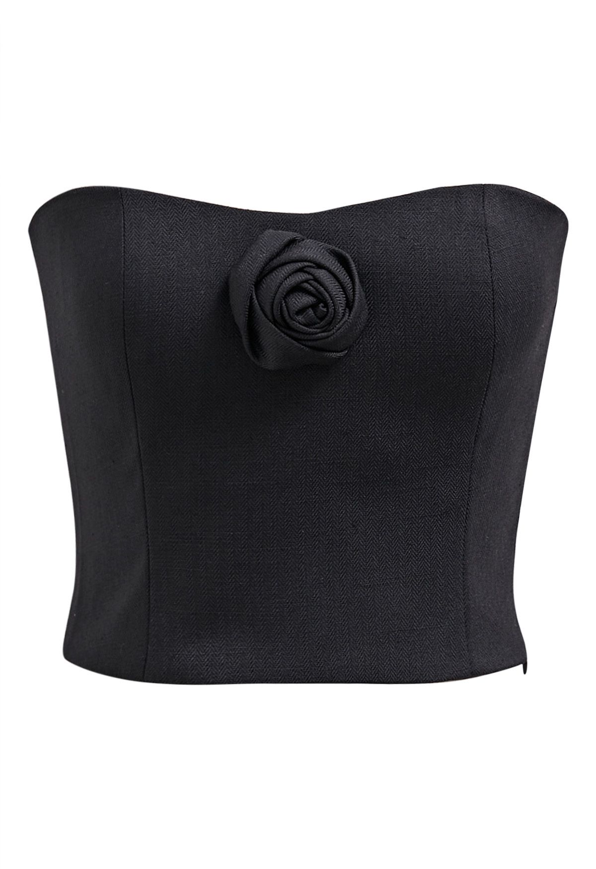 3D Rose Shirred Back Tube Top in Black