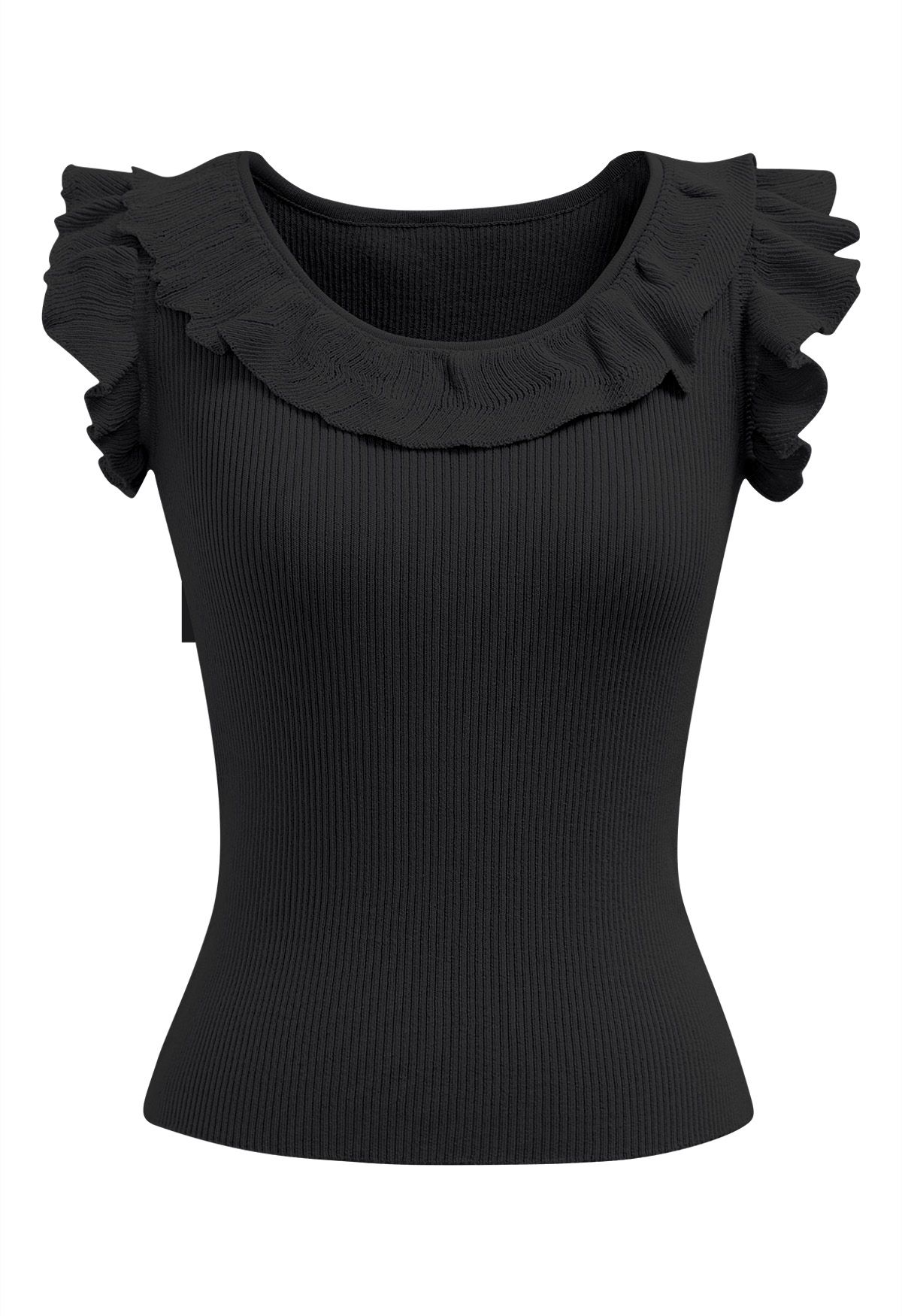 Ethereal Ruffle Sleeveless Knit Top in Black