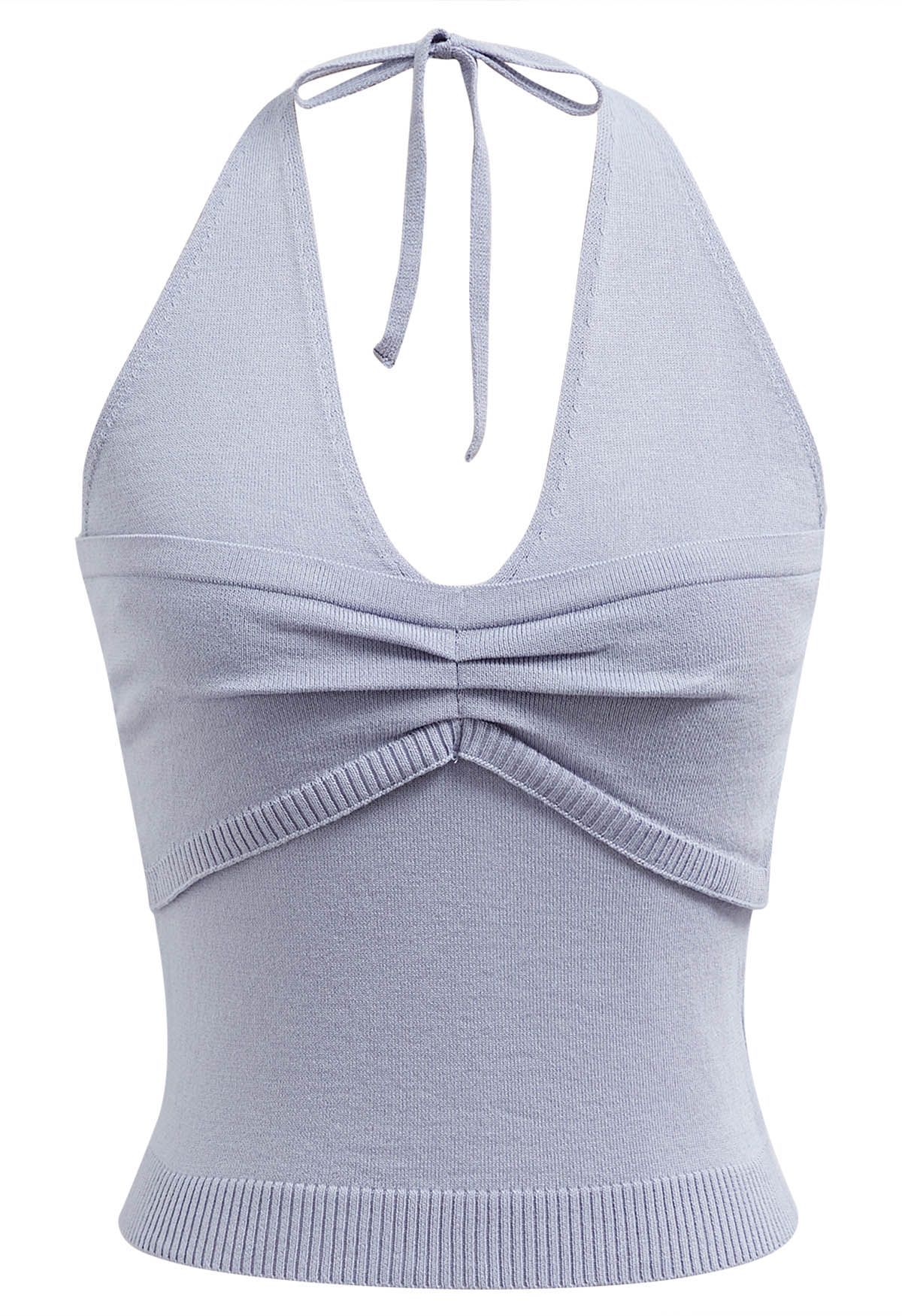 Pintuck Detail Halter Knit Top in Lavender