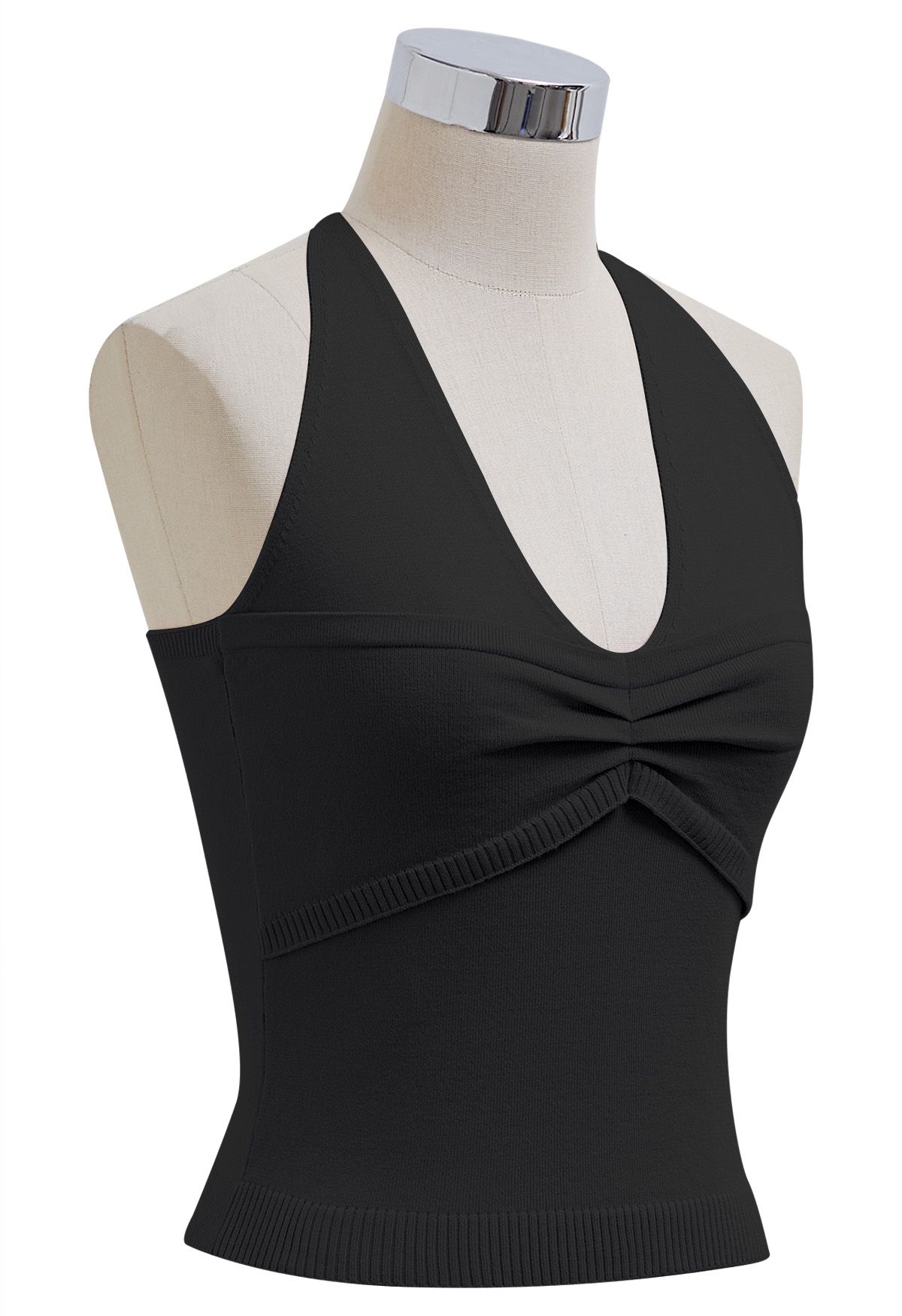 Pintuck Detail Halter Knit Top in Black