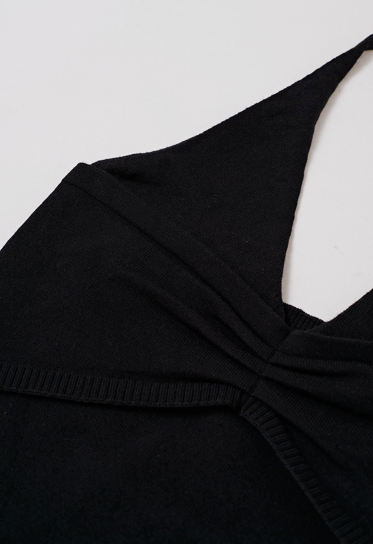 Pintuck Detail Halter Knit Top in Black