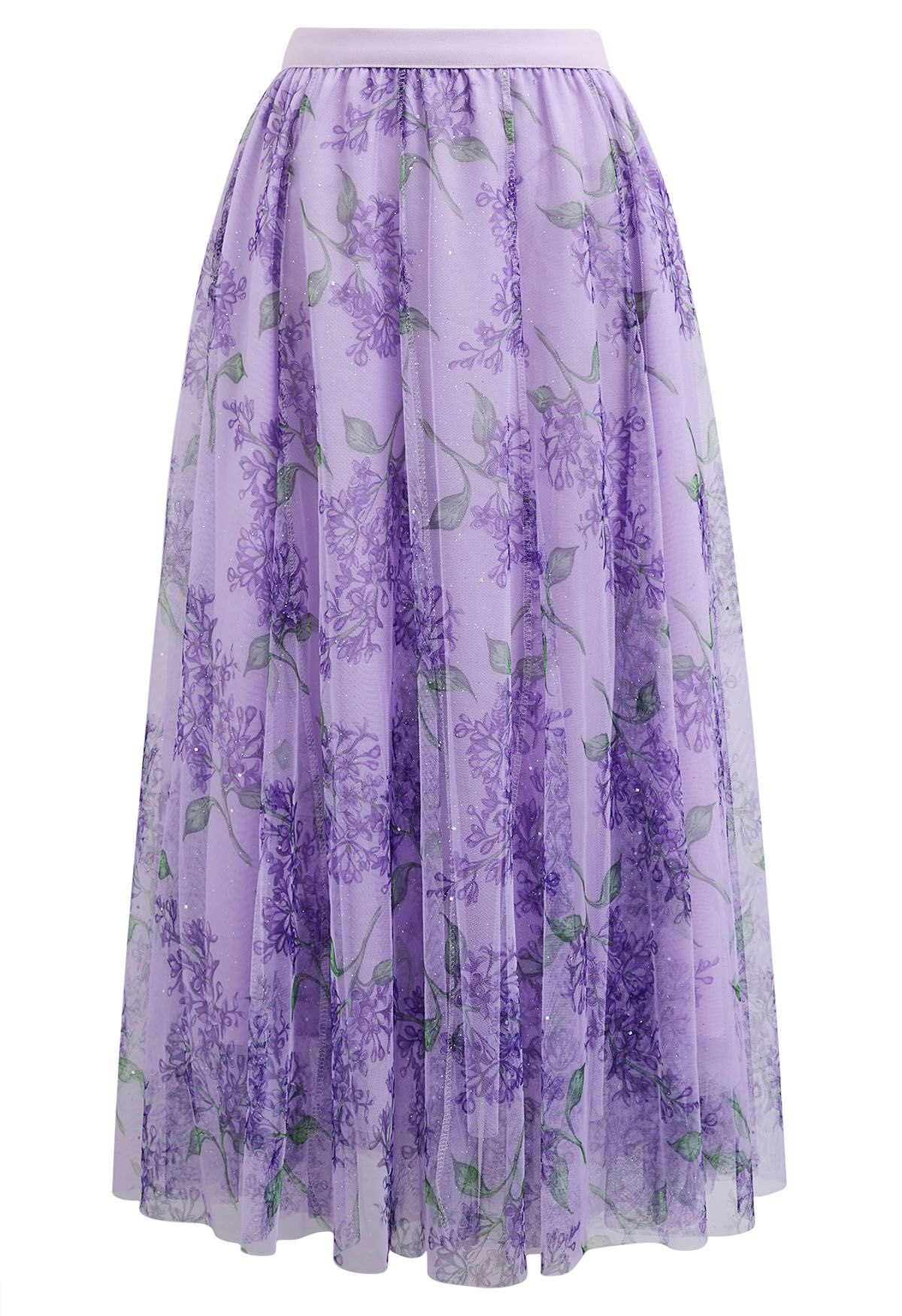 Shimmer Floral Mesh Tulle Midi Skirt in Purple