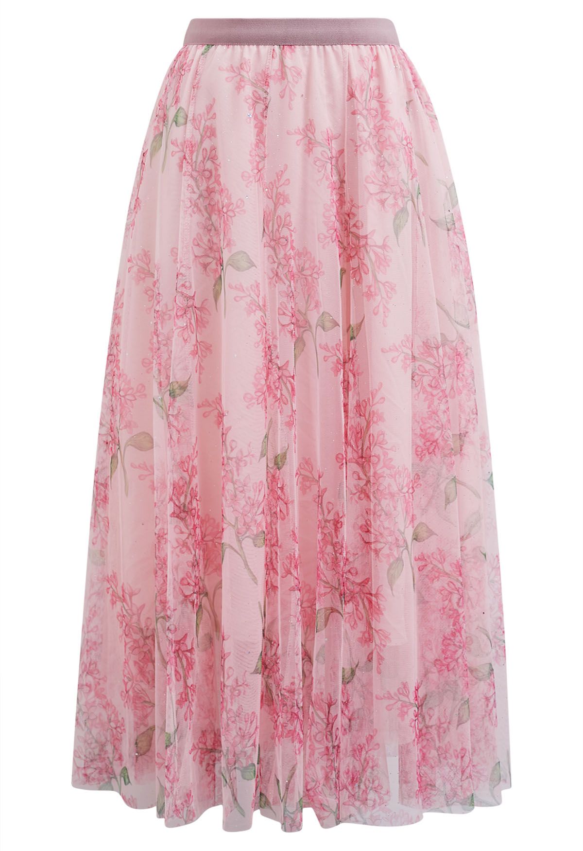 Shimmer Floral Mesh Tulle Midi Skirt in Pink