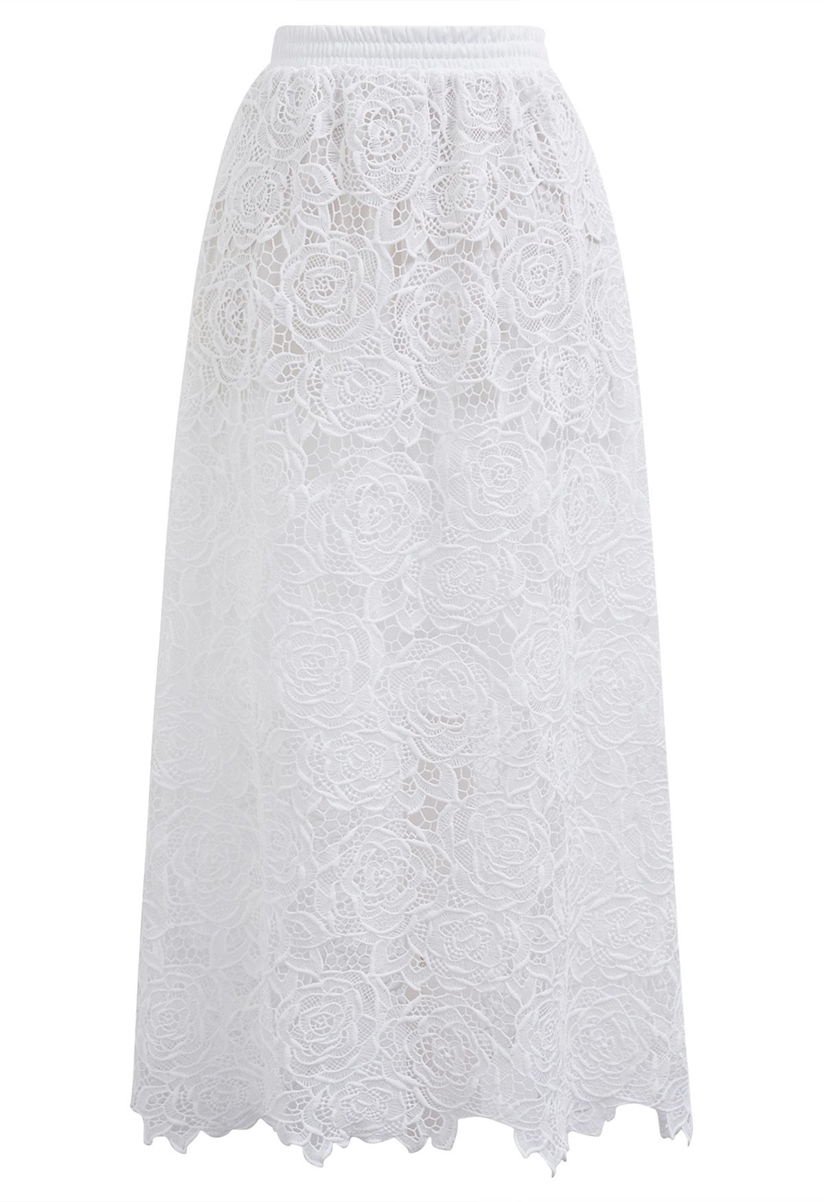 Exquisite Rose Cutwork Lace Maxi Skirt in White