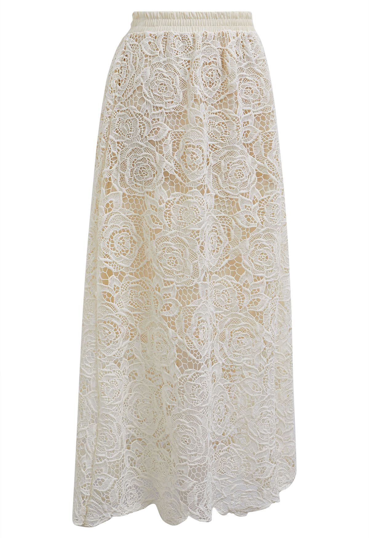 Exquisite Rose Cutwork Lace Maxi Skirt in Cream