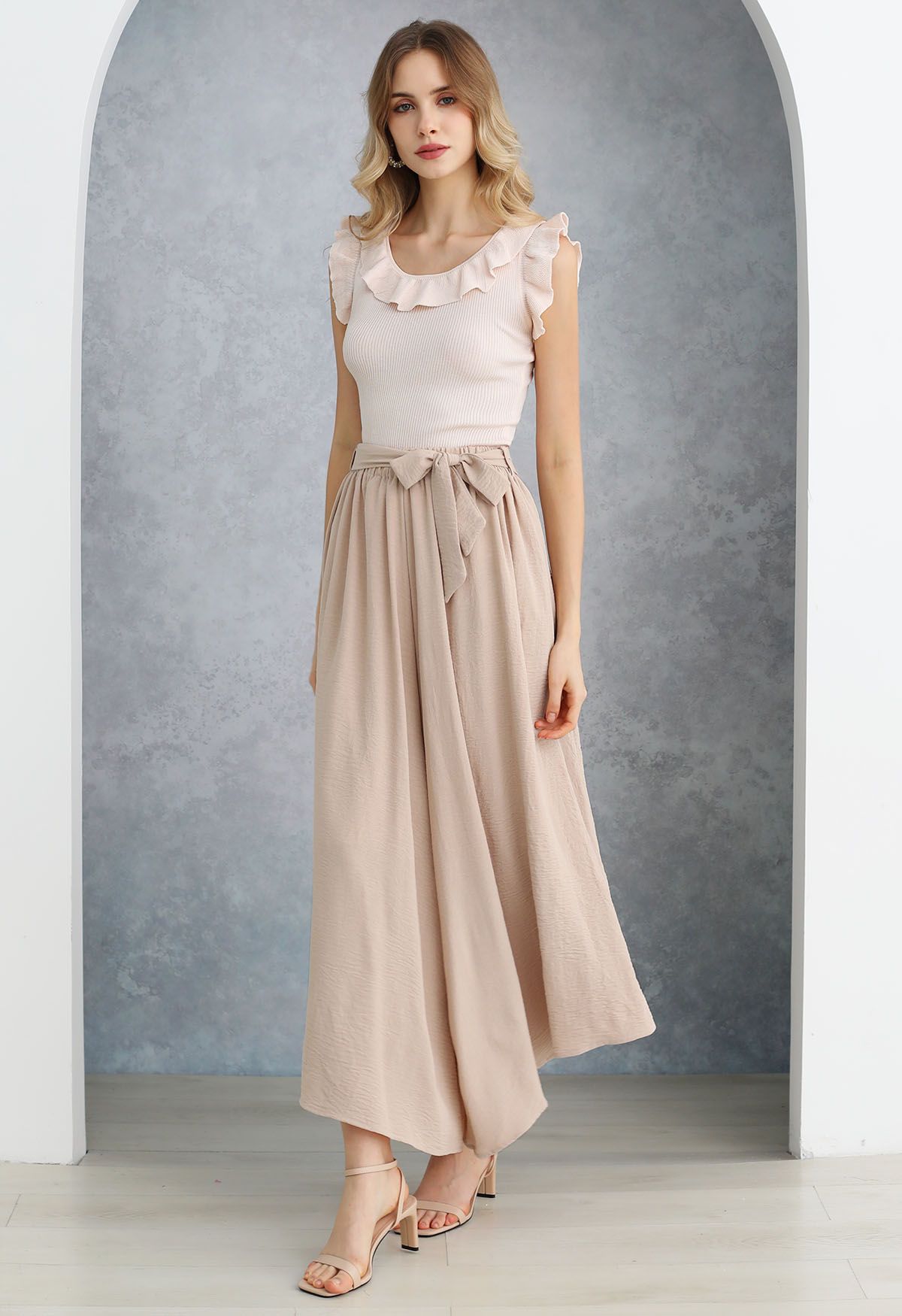 Breezy Tie Waist Asymmetric Crop Pants in Peach