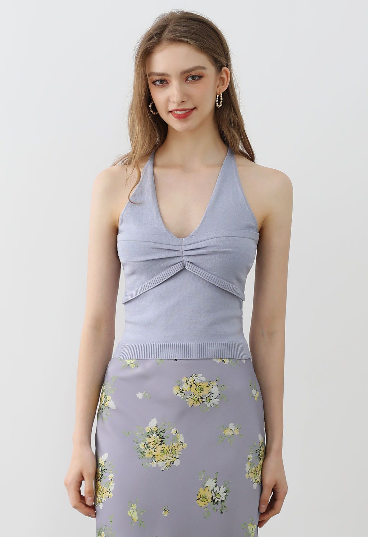 Pintuck Detail Halter Knit Top in Lavender