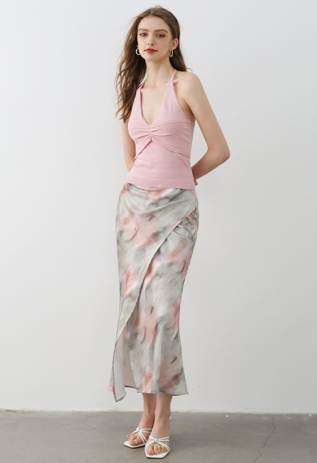 Watercolor Print Asymmetric Flap Maxi Skirt