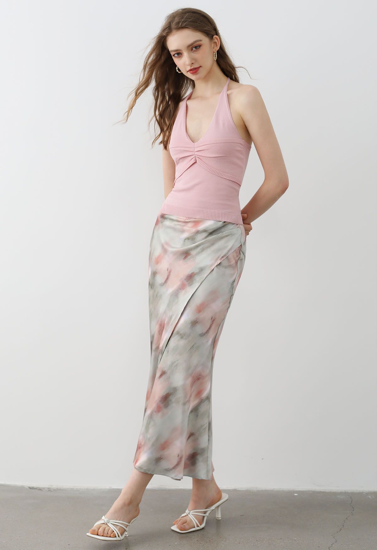 Watercolor Print Asymmetric Flap Maxi Skirt