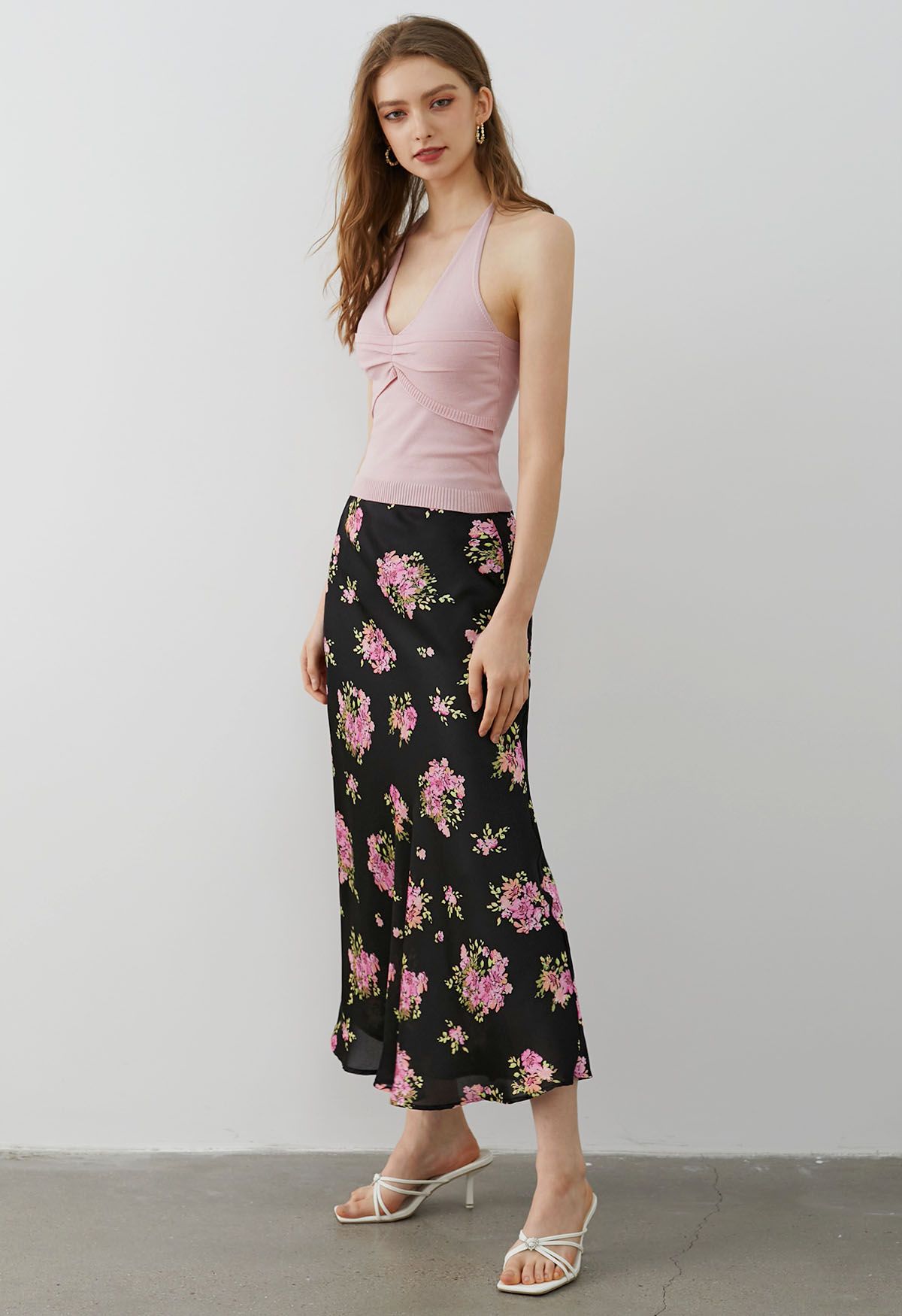 Summery Posy Print Maxi Skirt in Black