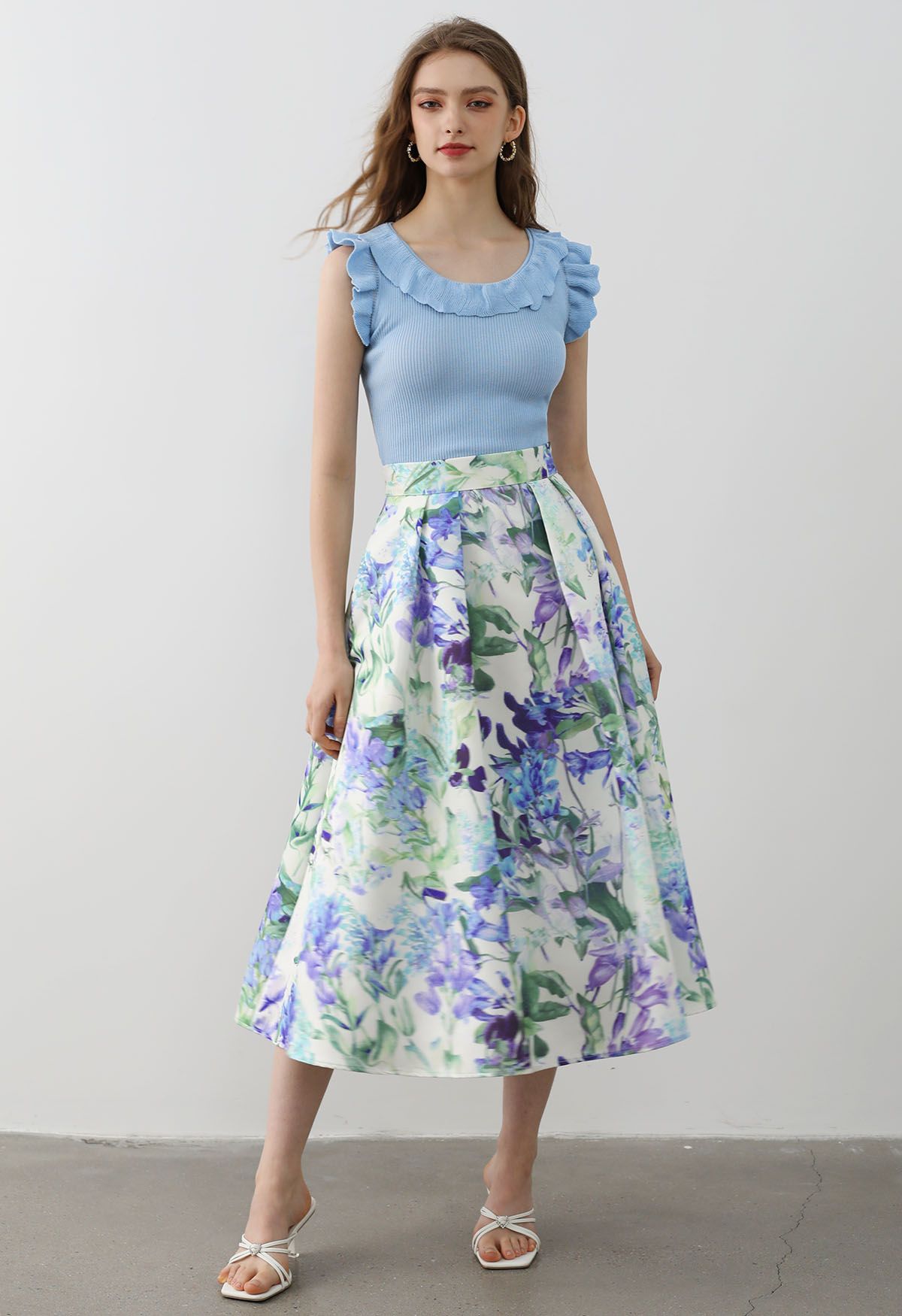 Charismatic Blue Blossom Pleated Midi Skirt