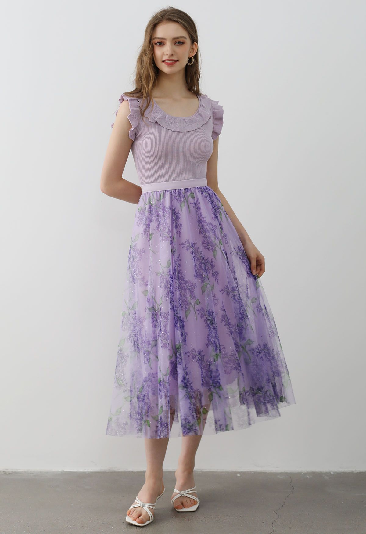 Ethereal Ruffle Sleeveless Knit Top in Lilac