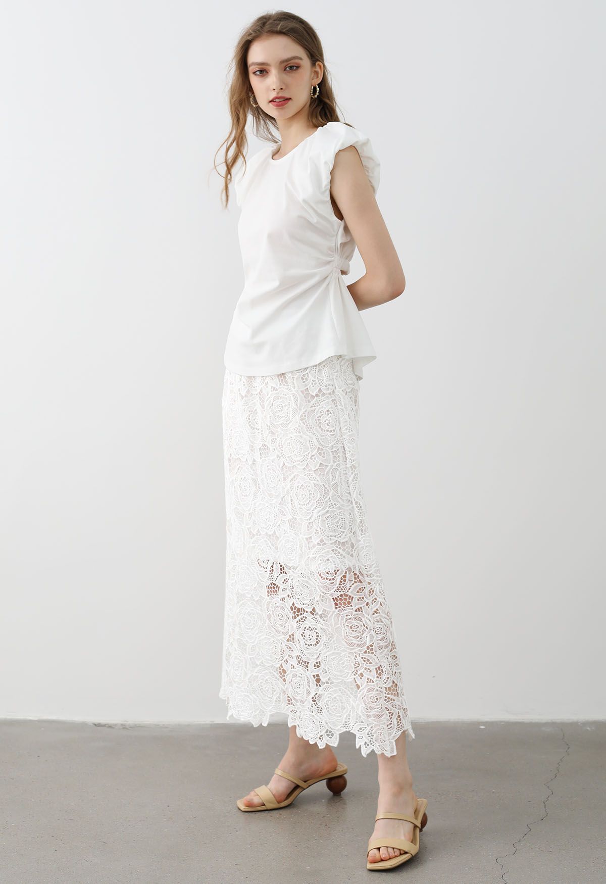 Exquisite Rose Cutwork Lace Maxi Skirt in White