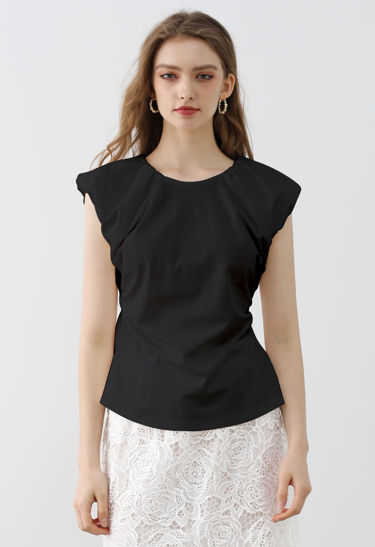 Cutout Back Ruched Detail Sleeveless Top in Black