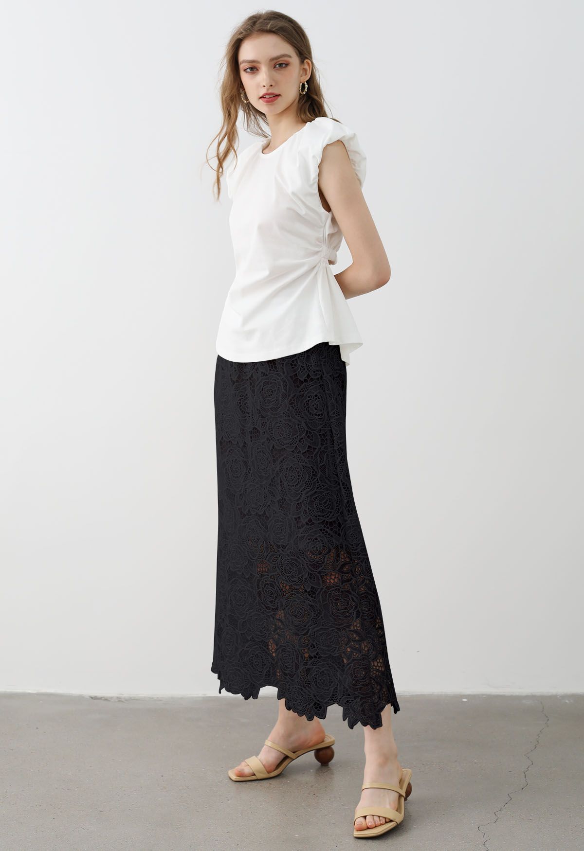 Exquisite Rose Cutwork Lace Maxi Skirt in Black