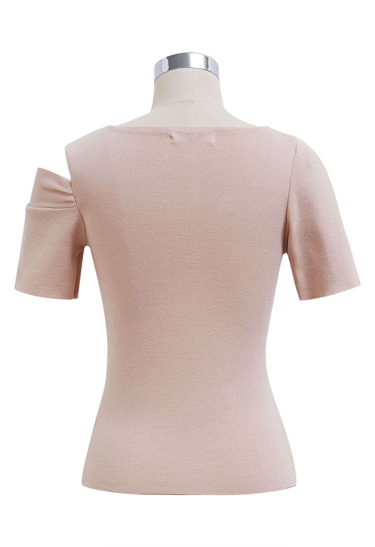 Stylish Knotted Shoulder Stretchy Knit Top in Pink