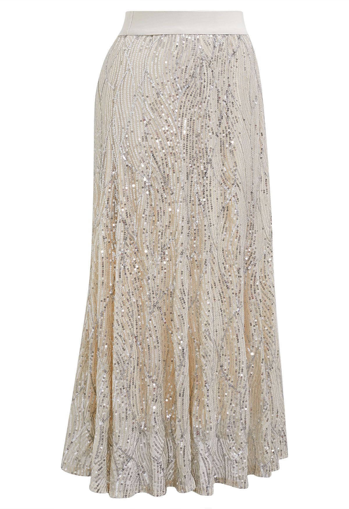 Luster Sequin Frilling Midi Skirt in Ivory