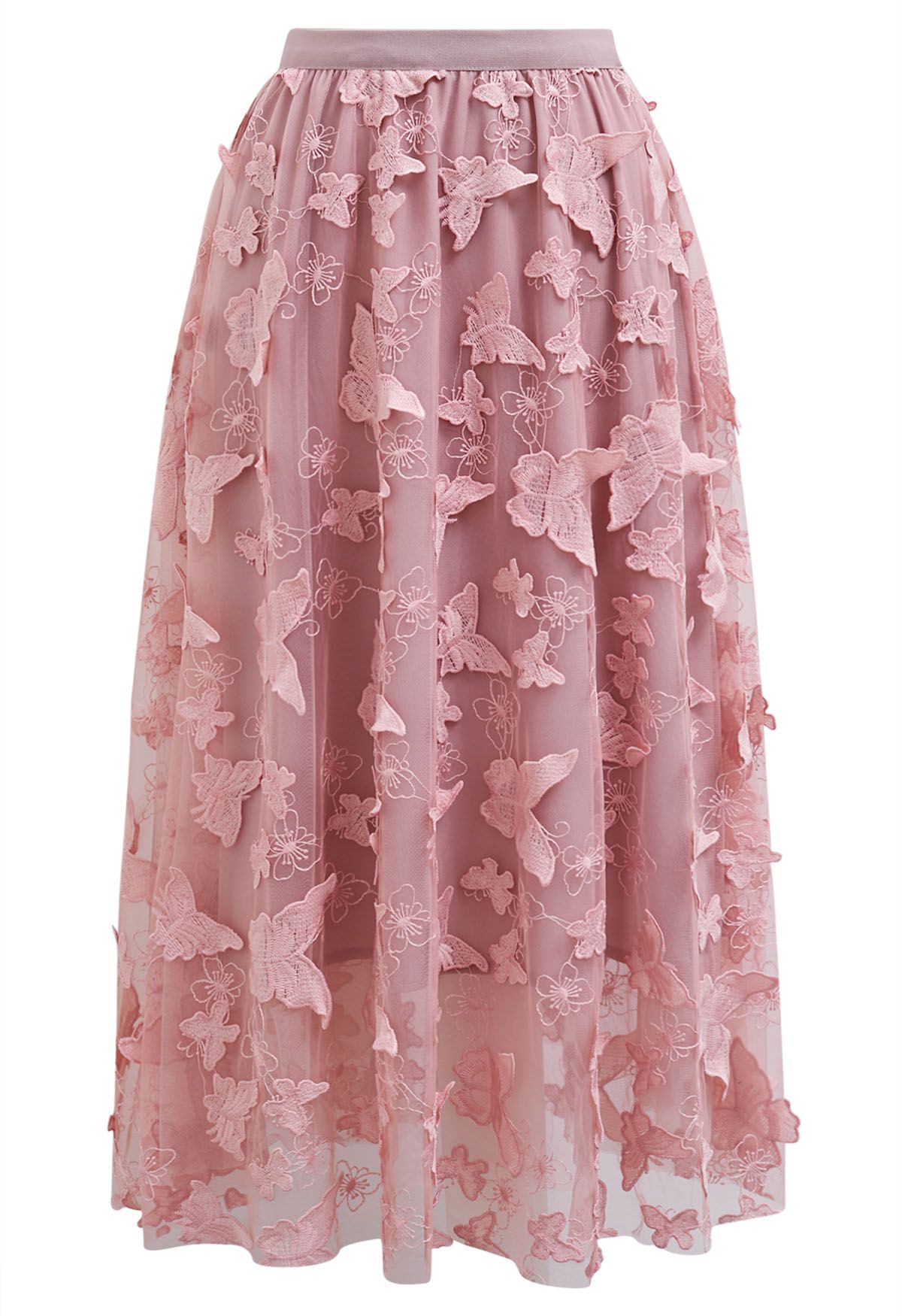 Loveliness 3D Butterfly Embroidered Mesh Tulle Midi Skirt in Pink