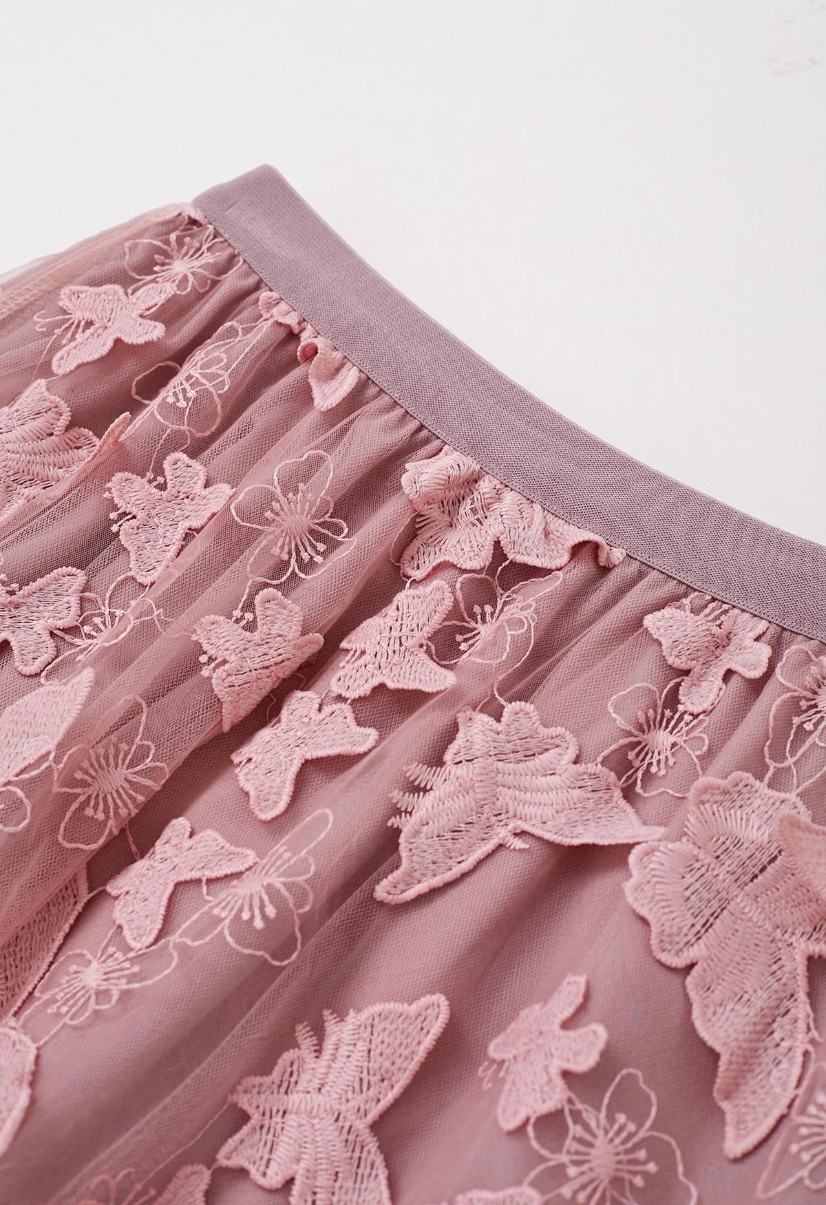 Loveliness 3D Butterfly Embroidered Mesh Tulle Midi Skirt in Pink