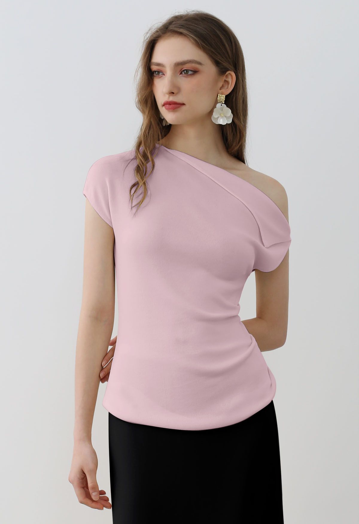 Asymmetric Folded Collar Knit Top in Pink