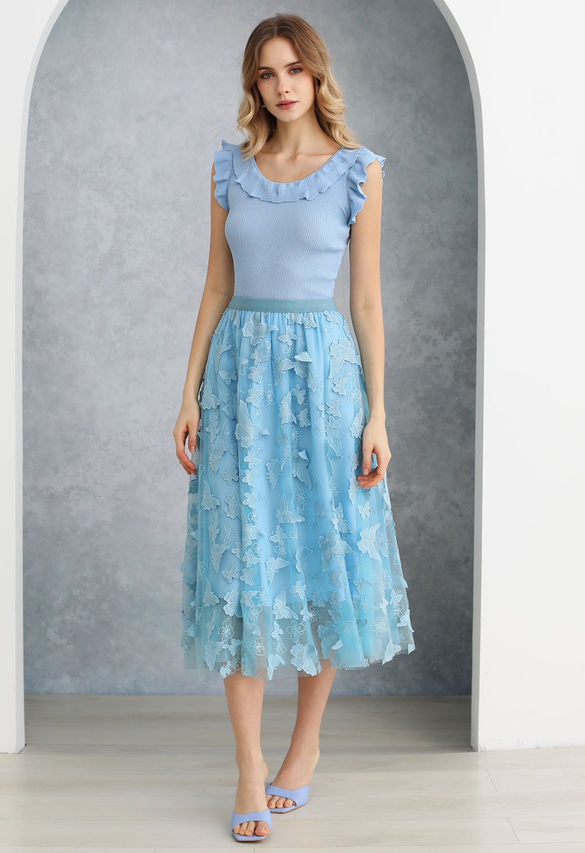 Ethereal Ruffle Sleeveless Knit Top in Blue