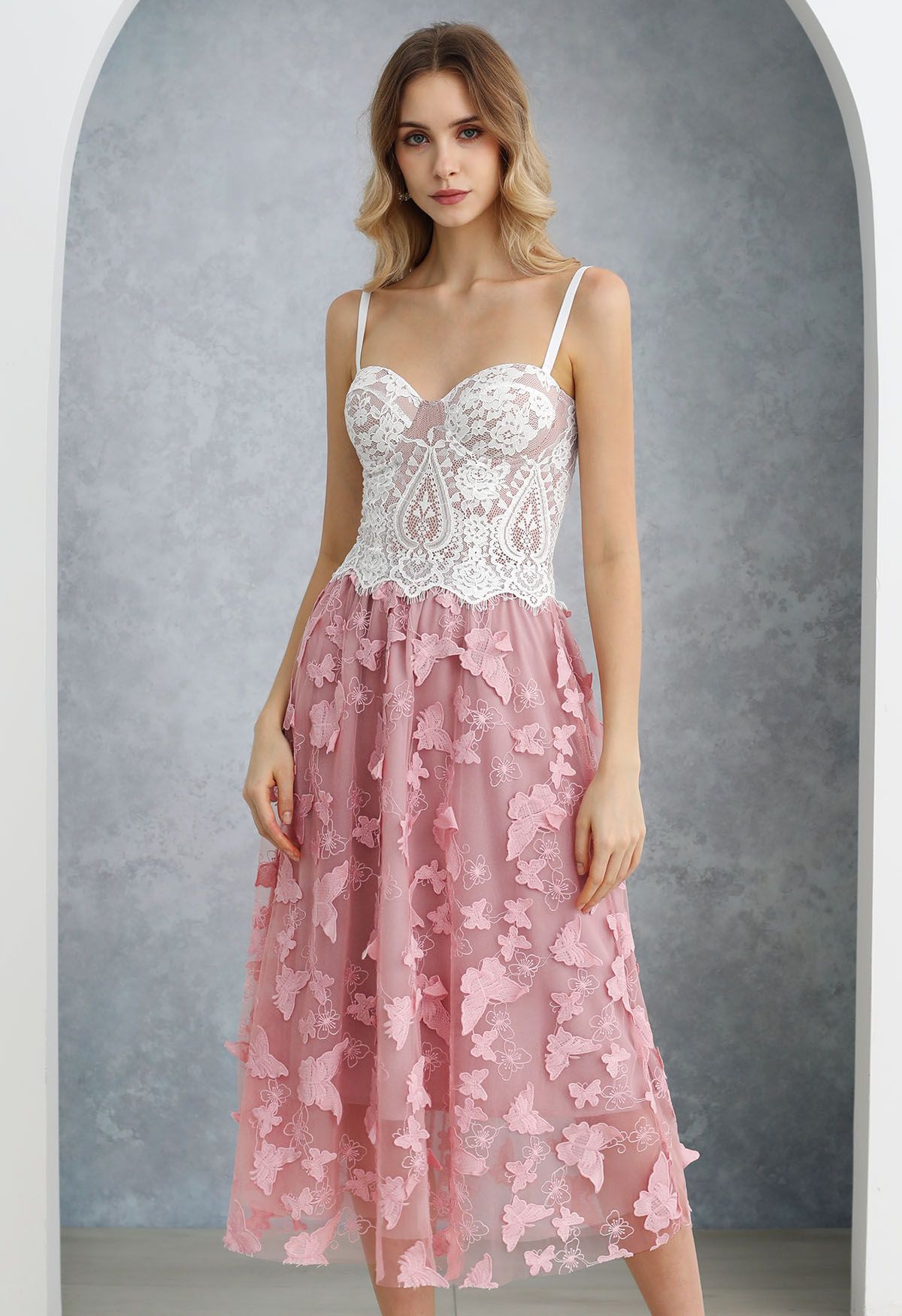 Loveliness 3D Butterfly Embroidered Mesh Tulle Midi Skirt in Pink