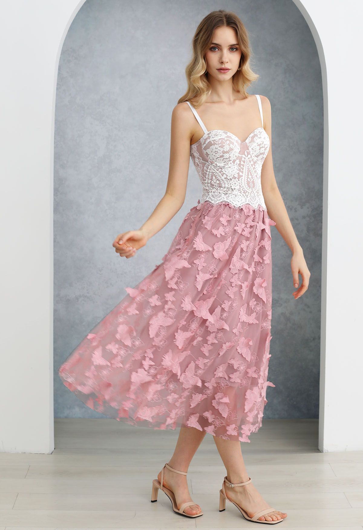 Loveliness 3D Butterfly Embroidered Mesh Tulle Midi Skirt in Pink