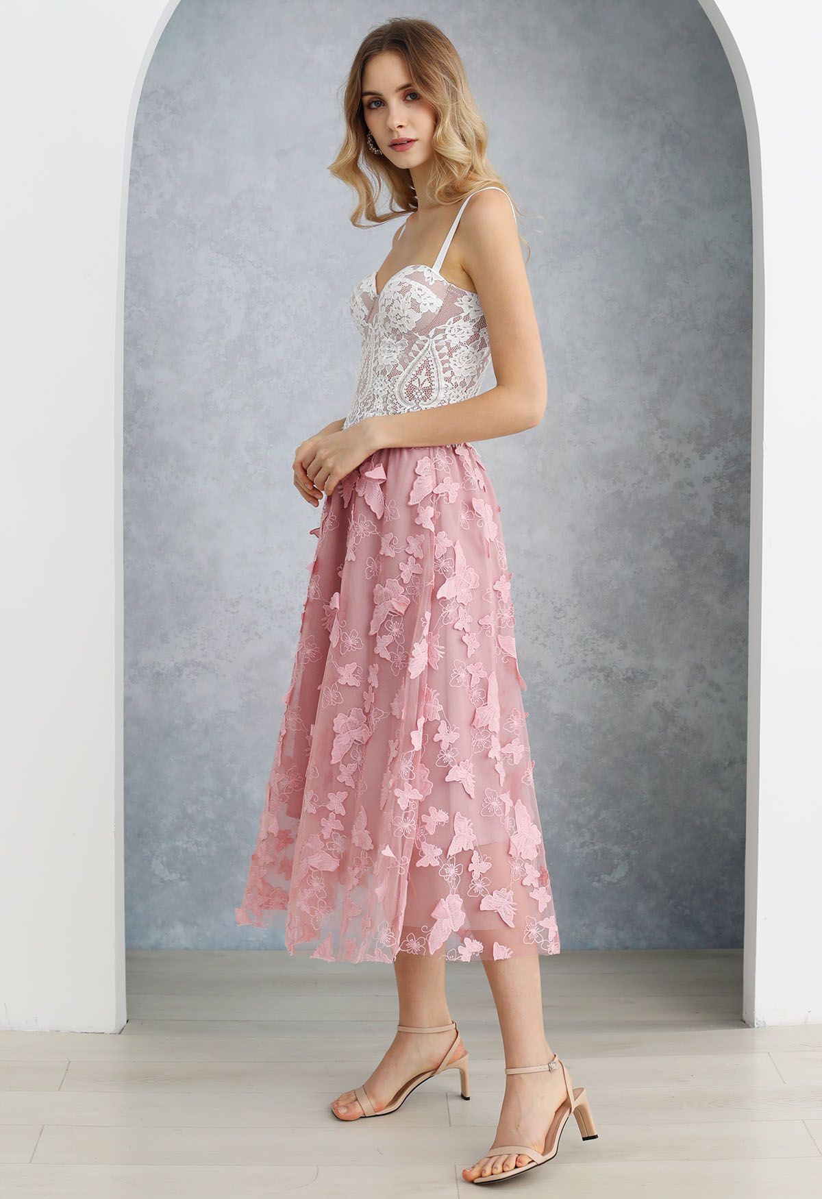 Loveliness 3D Butterfly Embroidered Mesh Tulle Midi Skirt in Pink