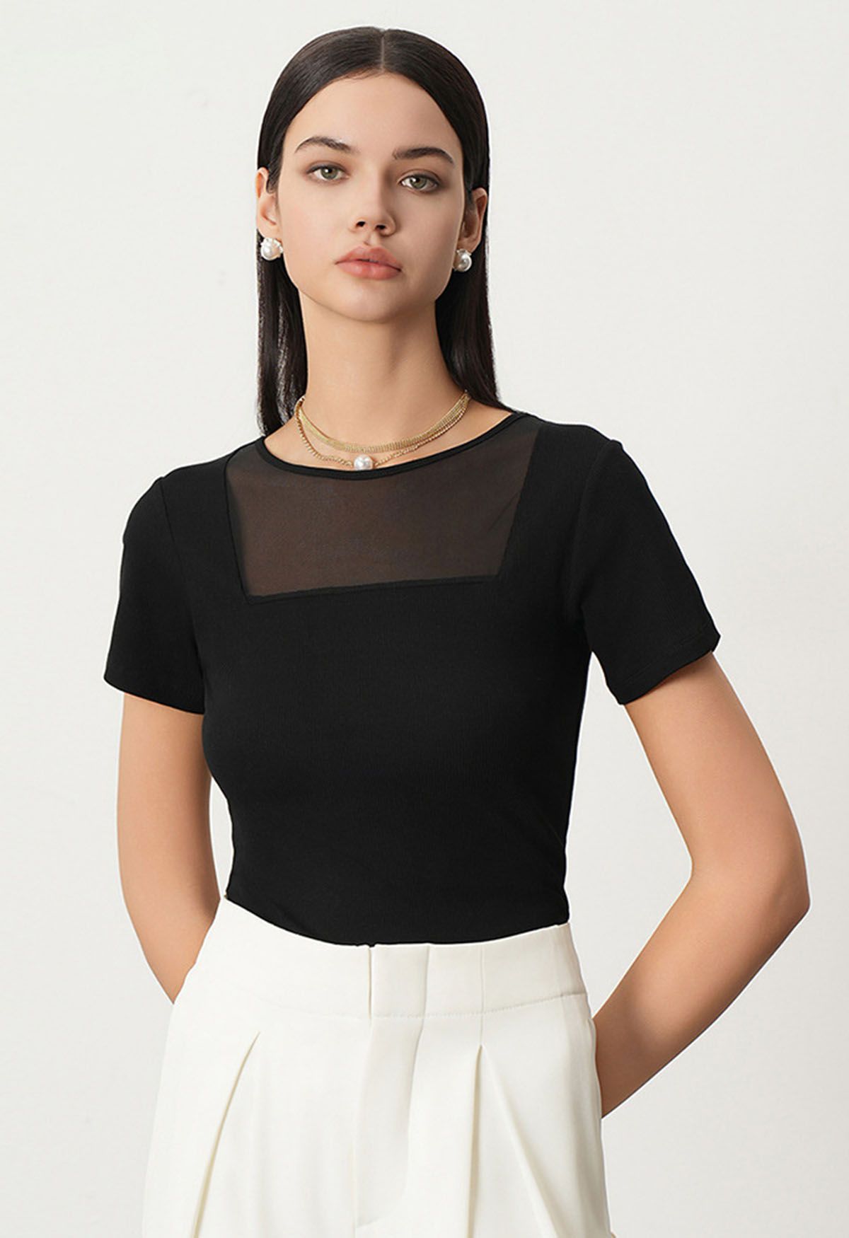 Short Sleeve Mesh Spliced Top