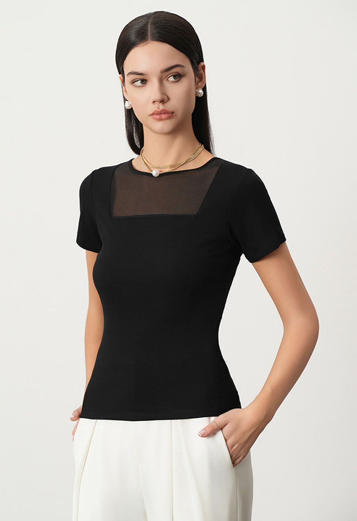 Short Sleeve Mesh Spliced Top