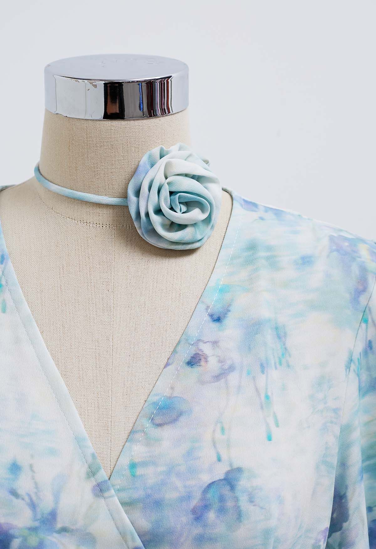 Watercolor Blue Floral Wrap Mini Dress with Choker