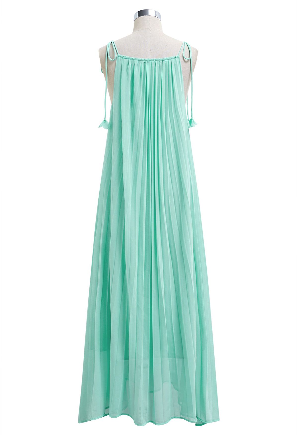 3D Floral Tie-Shoulder Chiffon Pleated Dress in Mint