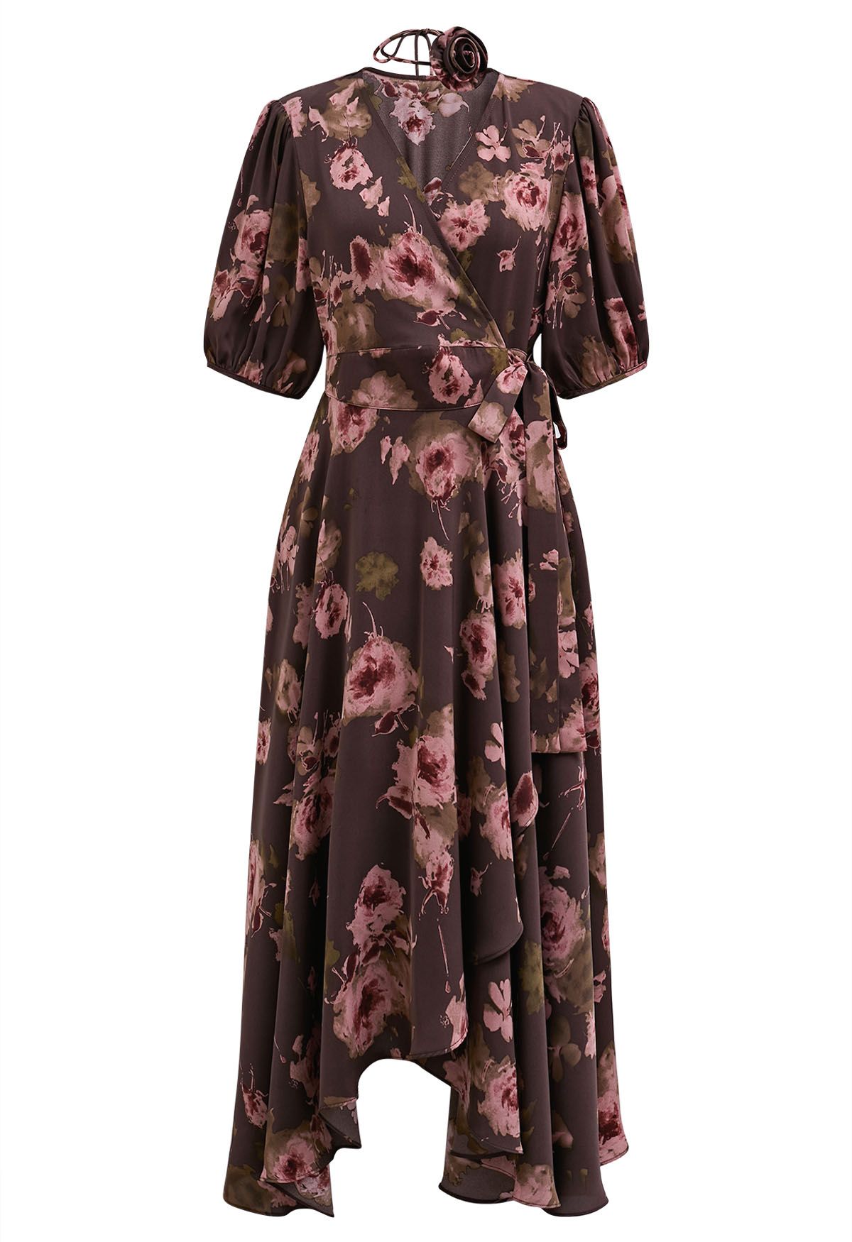 Vintage Bloom Asymmetric Wrap Midi Dress with Choker