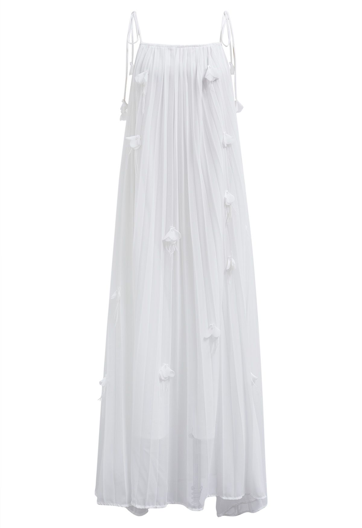 3D Floral Tie-Shoulder Chiffon Pleated Dress in White