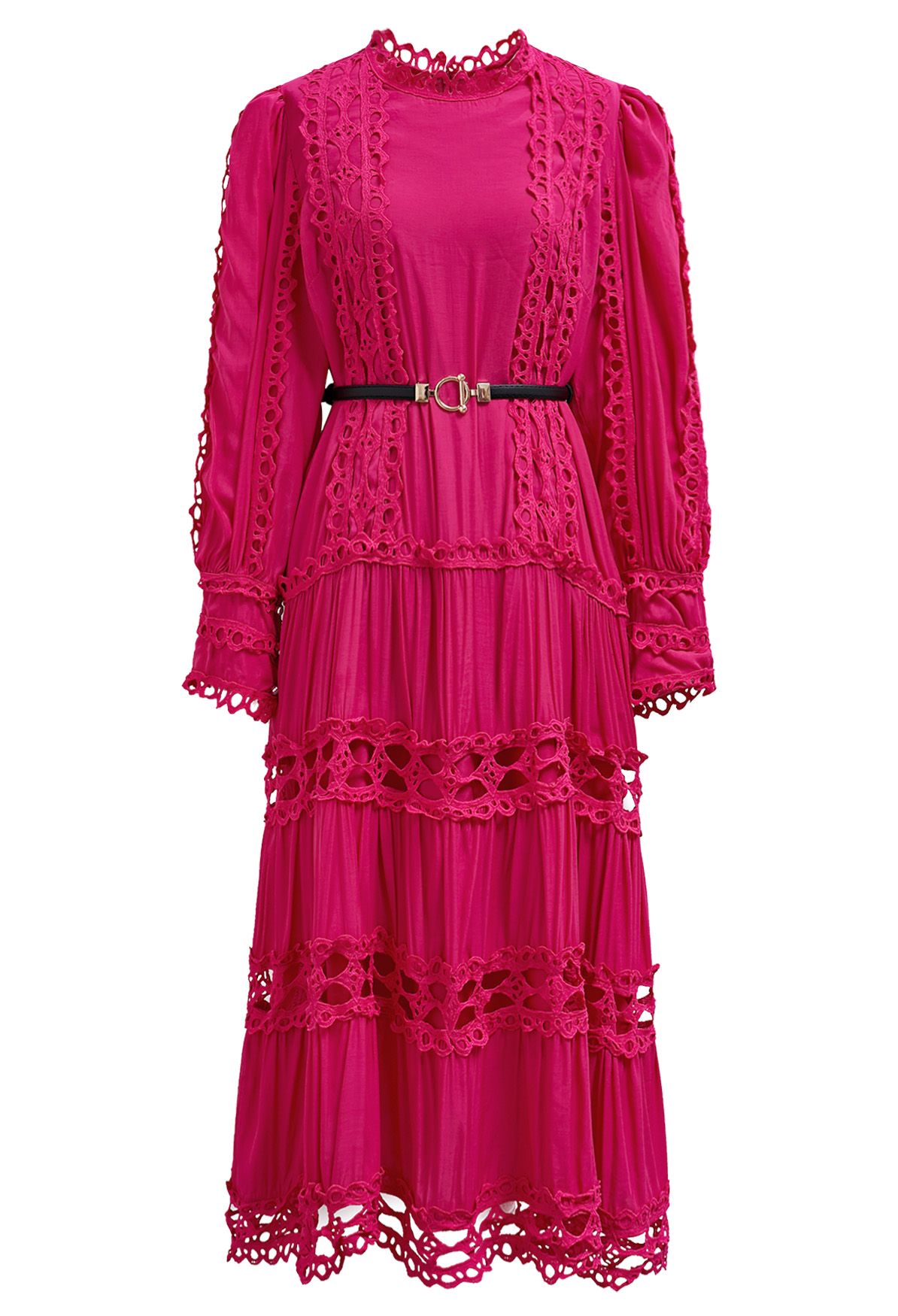 Belted Cutwork Lace Trim Bubble Sleeve Midi Dress in Magenta