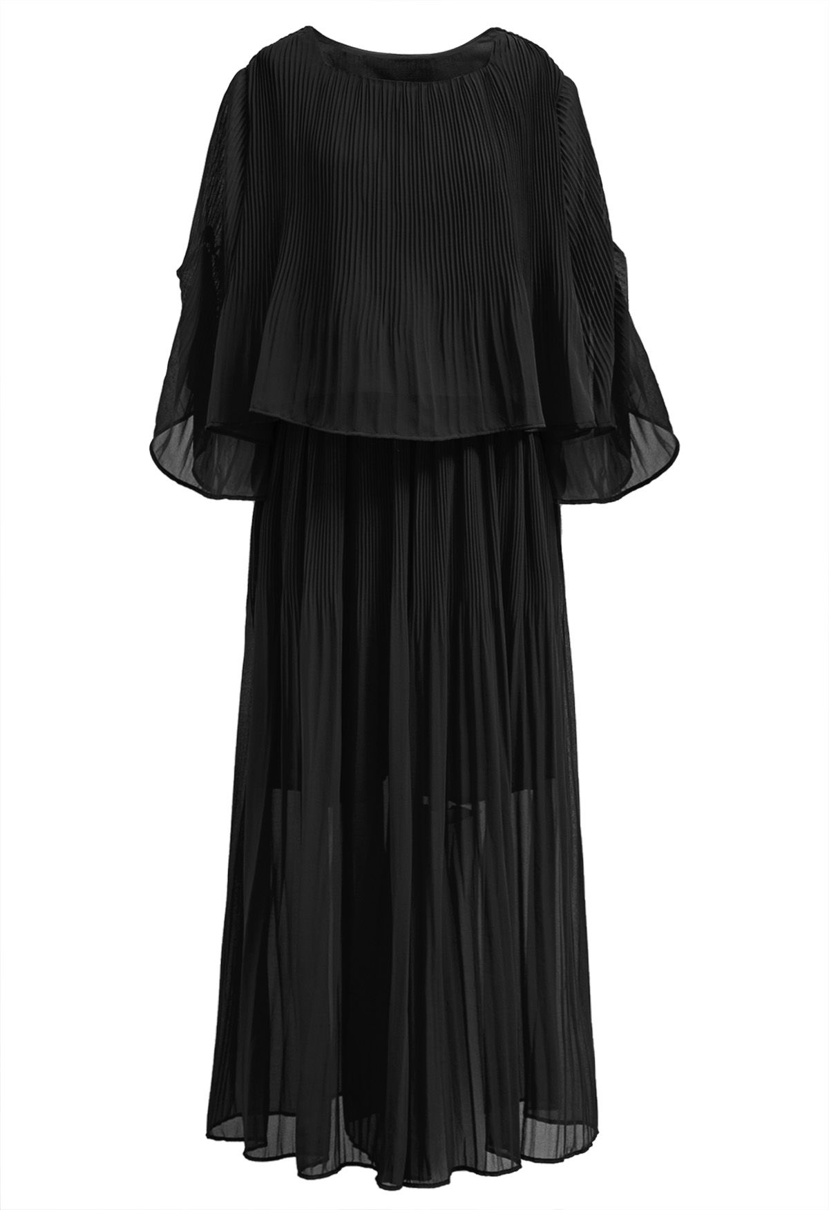 Plisse Bell Sleeves Chiffon Top and Pants Set in Black