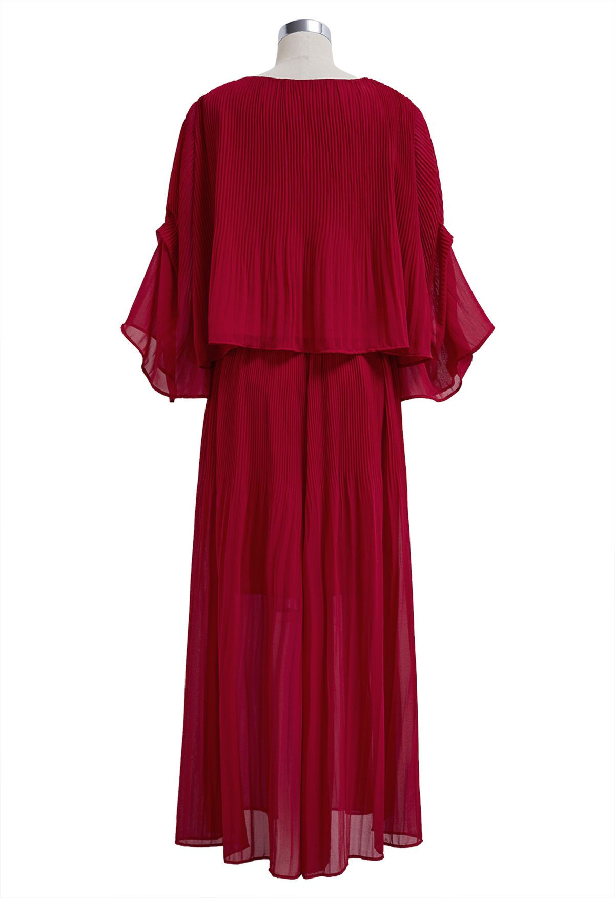 Plisse Bell Sleeves Chiffon Top and Pants Set in Red