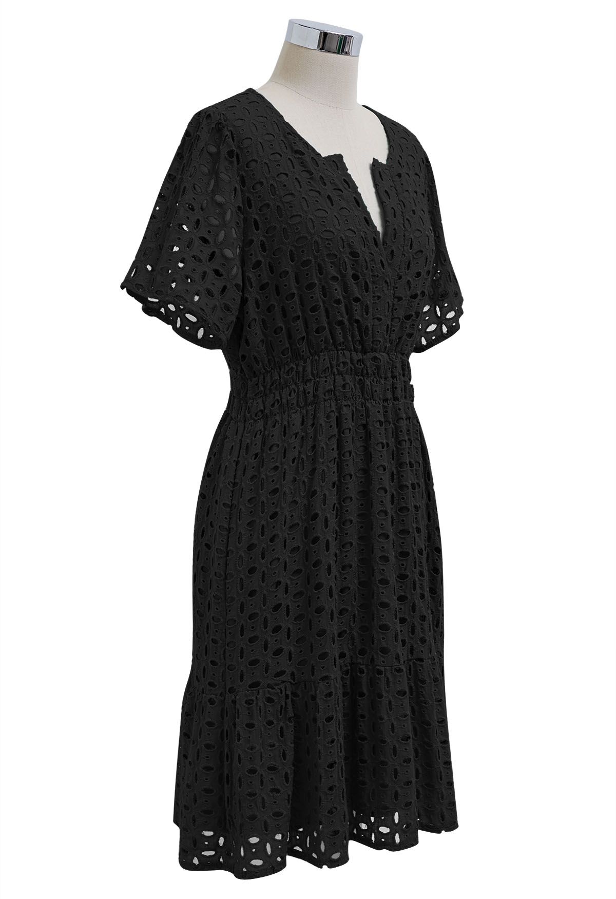 Eyelet Embroidery V-Neck Cotton Dress in Black