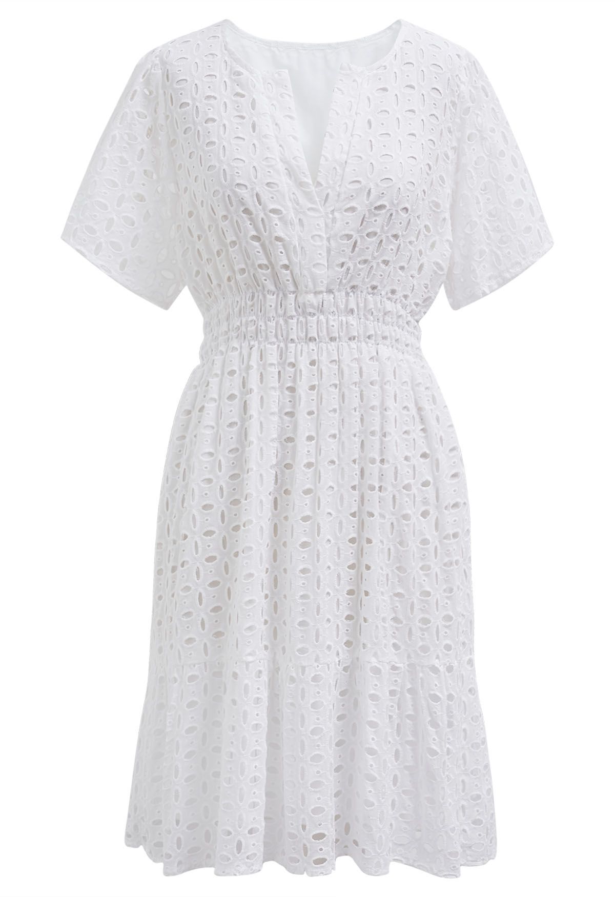 Eyelet Embroidery V-Neck Cotton Dress in White