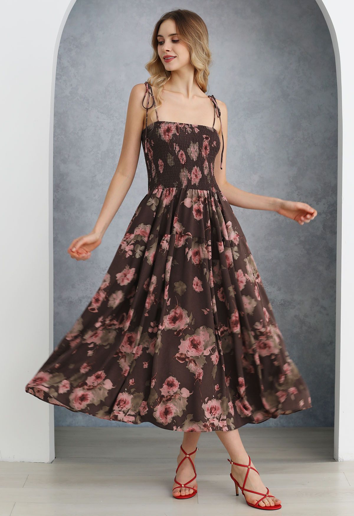 Floral Tie-Shoulder Shirring Midi Dress in Burgundy