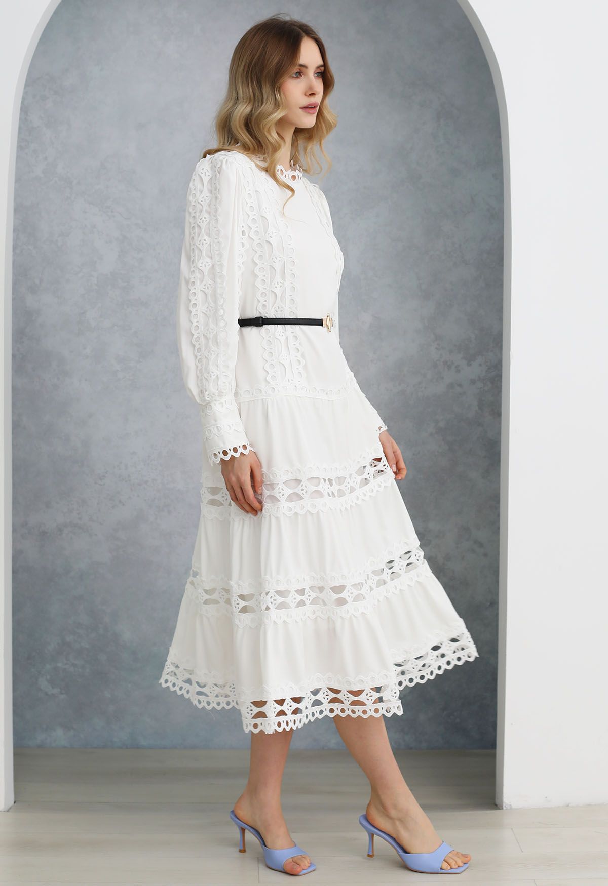 Belted Cutwork Lace Trim Bubble Sleeve Midi Dress in White