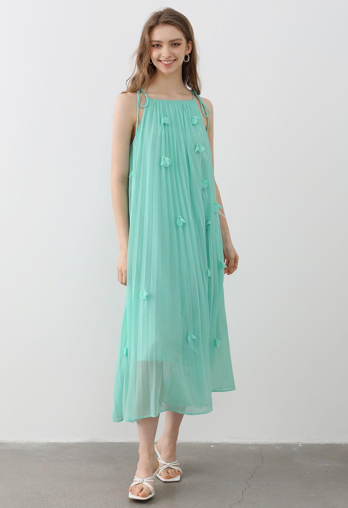 3D Floral Tie-Shoulder Chiffon Pleated Dress in Mint