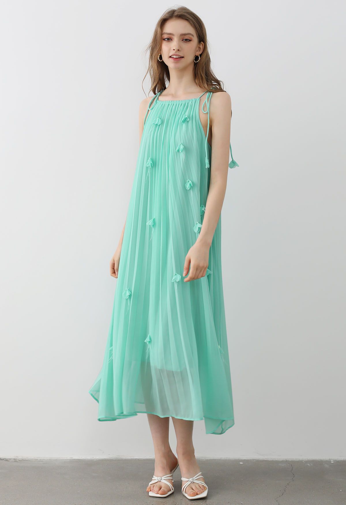 3D Floral Tie-Shoulder Chiffon Pleated Dress in Mint