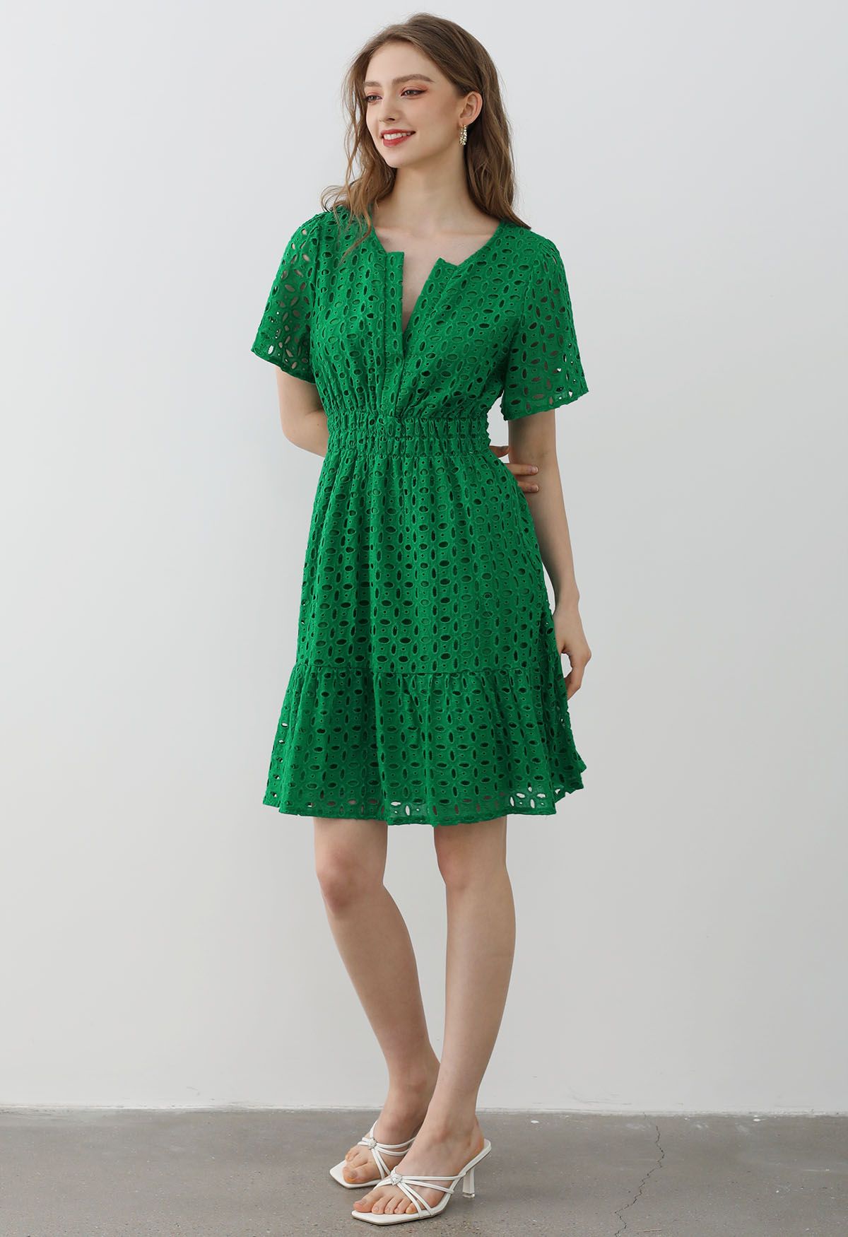 Eyelet Embroidery V-Neck Cotton Dress in Green