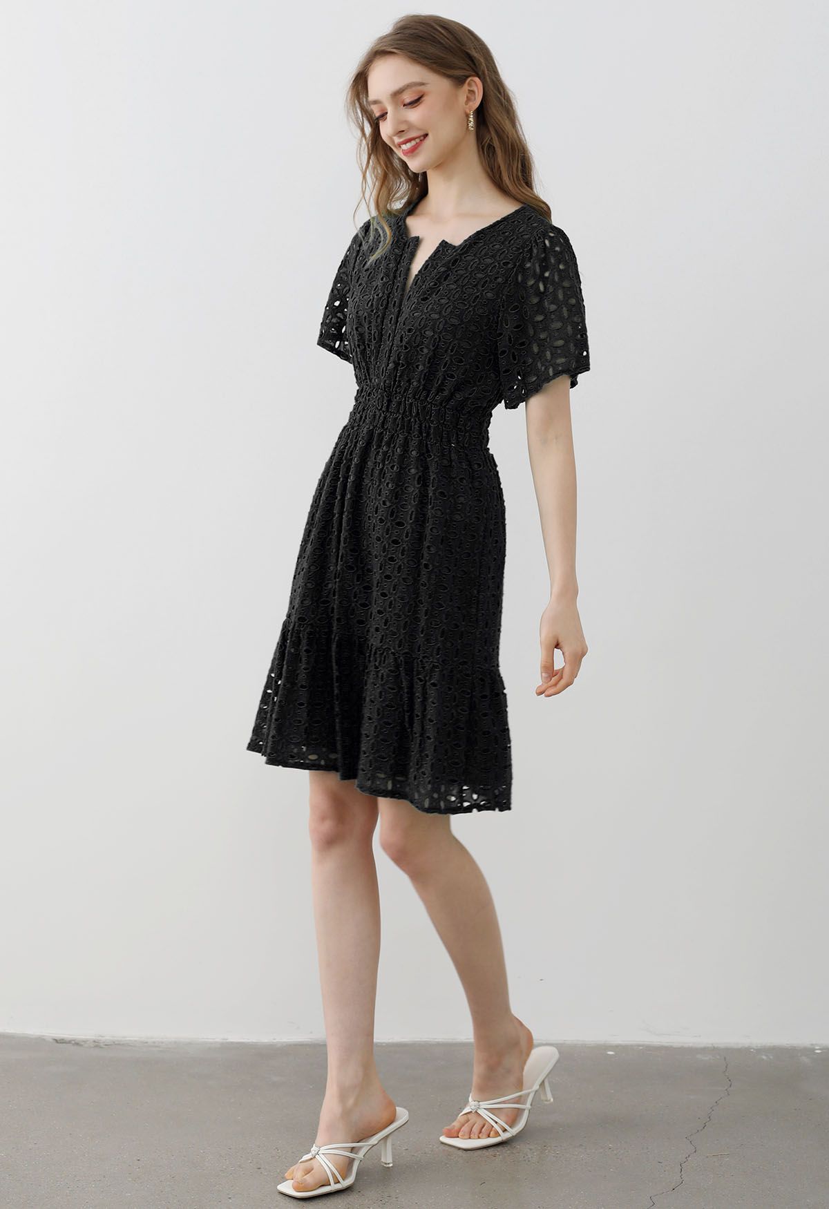 Eyelet Embroidery V-Neck Cotton Dress in Black